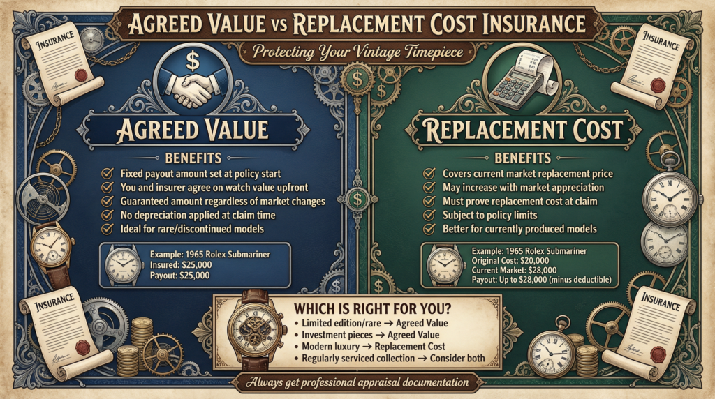 Agreed value versus replacement cost insurance for vintage watches
