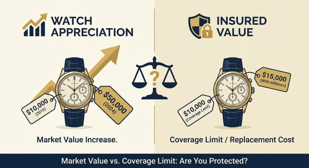 Infographic showing luxury watch market appreciation versus insured value