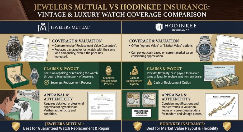  Infographic comparing Jewelers Mutual and Hodinkee Insurance coverage features