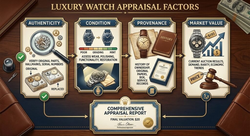 [IMAGE 3 – INFOGRAPHIC]
ALT text: Infographic showing how watch appraisers evaluate authenticity, condition, and market value