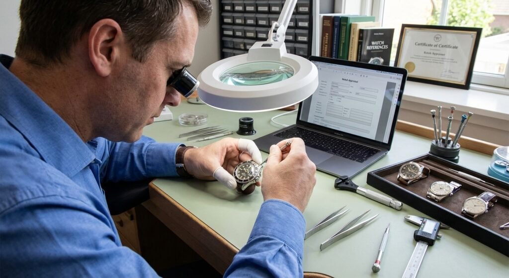  Certified watch appraiser examining a luxury timepiece