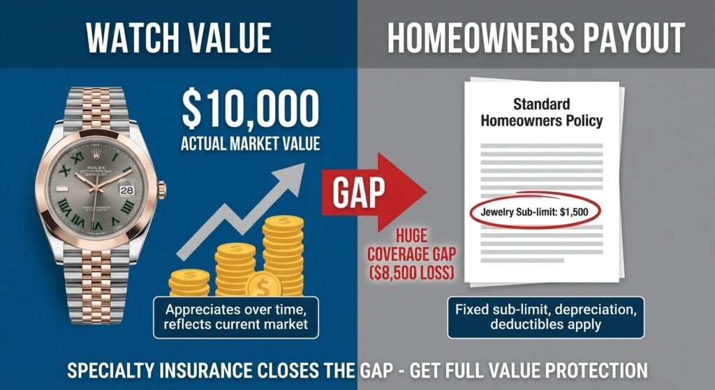 Infographic showing homeowners insurance payout versus watch value
