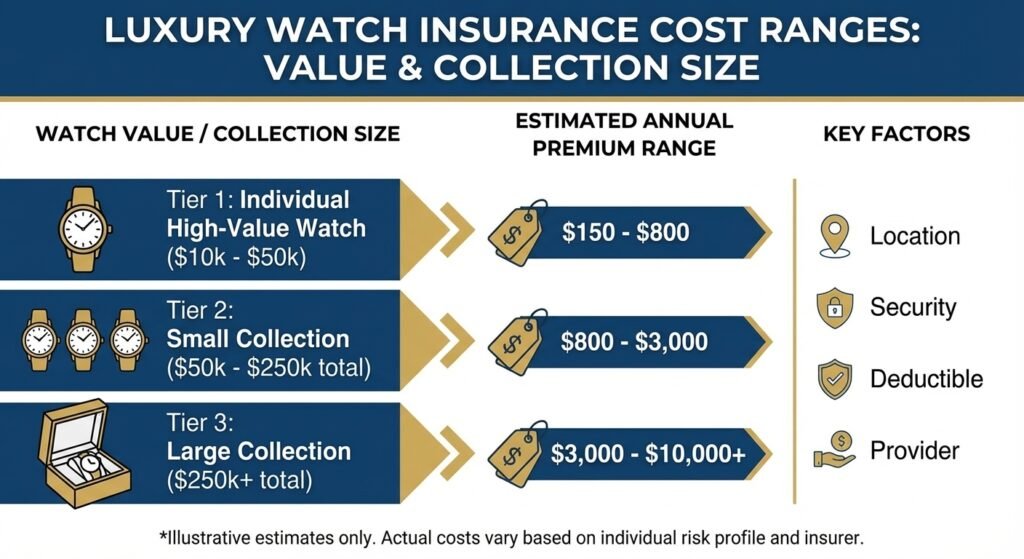 Infographic showing typical luxury watch insurance cost ranges by watch value