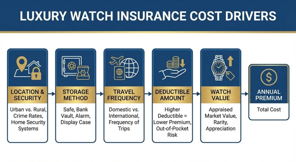 Infographic showing typical luxury watch insurance cost ranges by watch value
