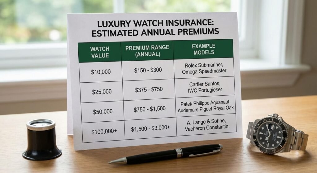 Real examples of luxury watch insurance costs for common collection values