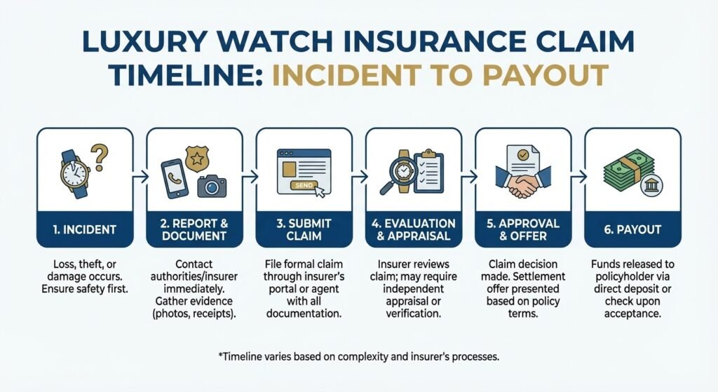  Infographic showing luxury watch insurance claim timeline and steps
