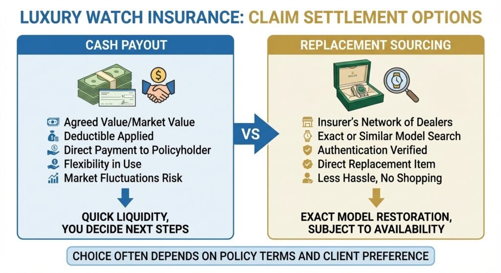 Cash payout versus replacement sourcing in luxury watch insurance claims