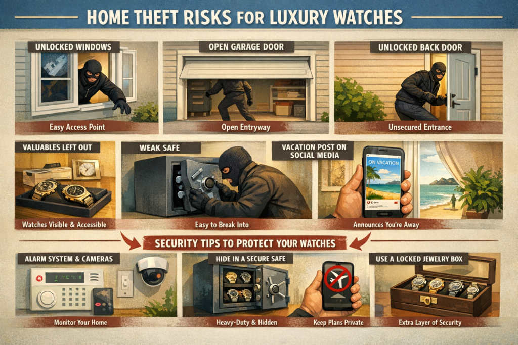  Infographic showing home storage risks and theft scenarios for luxury watches