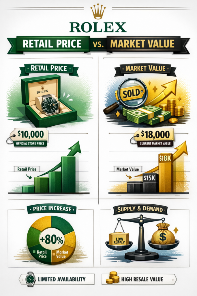  Infographic showing Rolex market value versus retail price