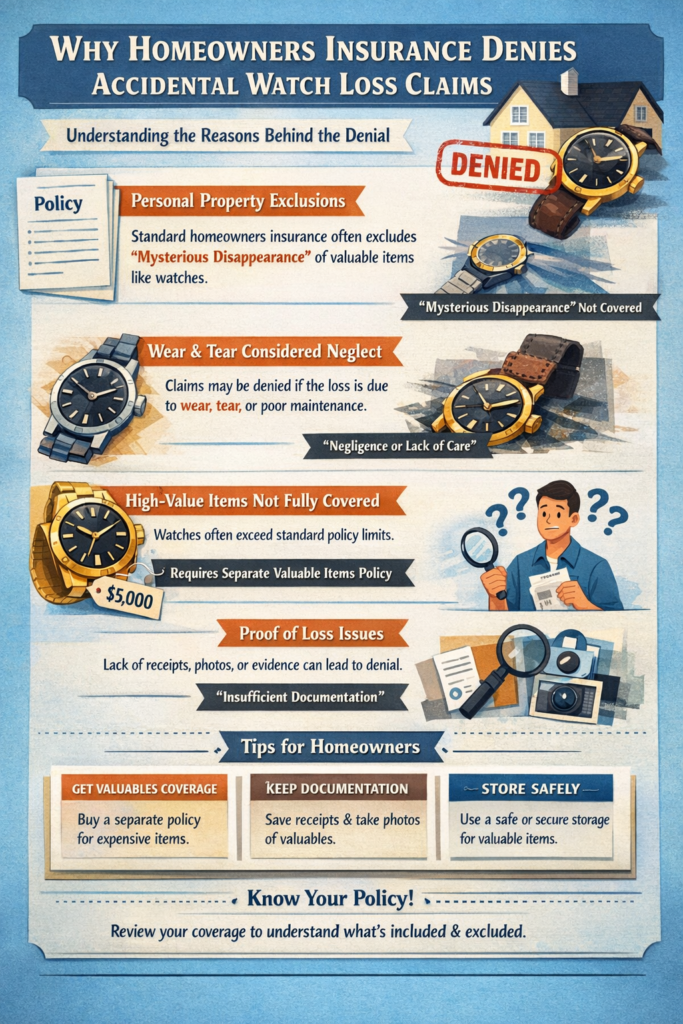 Infographic showing homeowners insurance exclusions for accidental watch loss