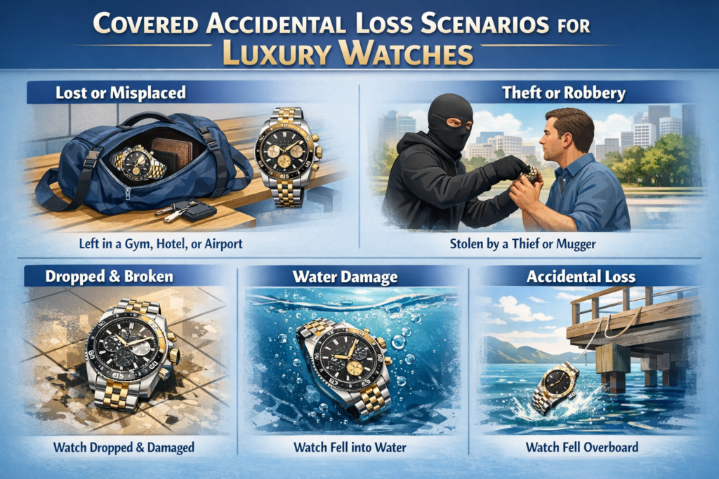 Infographic showing covered accidental loss scenarios for luxury watches