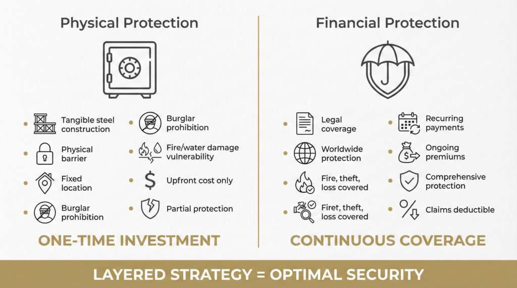 : Infographic comparing physical protection from travel cases versus financial protection from insurance
