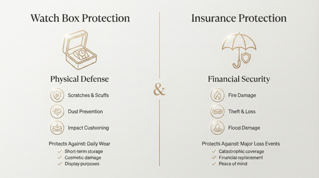 : Infographic comparing watch box storage versus insurance protection