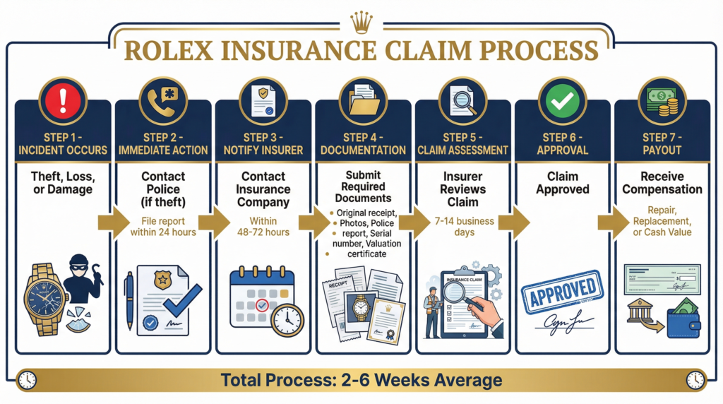 Flowchart showing Rolex insurance claim process from loss to payout