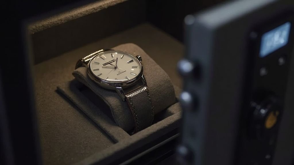 Rolex watch secured in a home safe representing lower risk storage