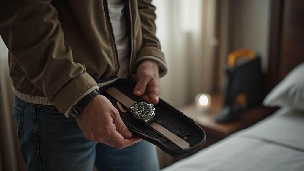  Luxury watch owner packing a watch into a travel case before leaving a hotel room
