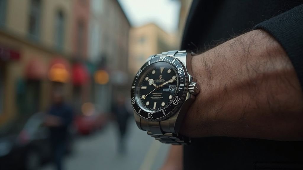 Rolex Submariner on wrist in urban setting illustrating everyday wear risk exposure