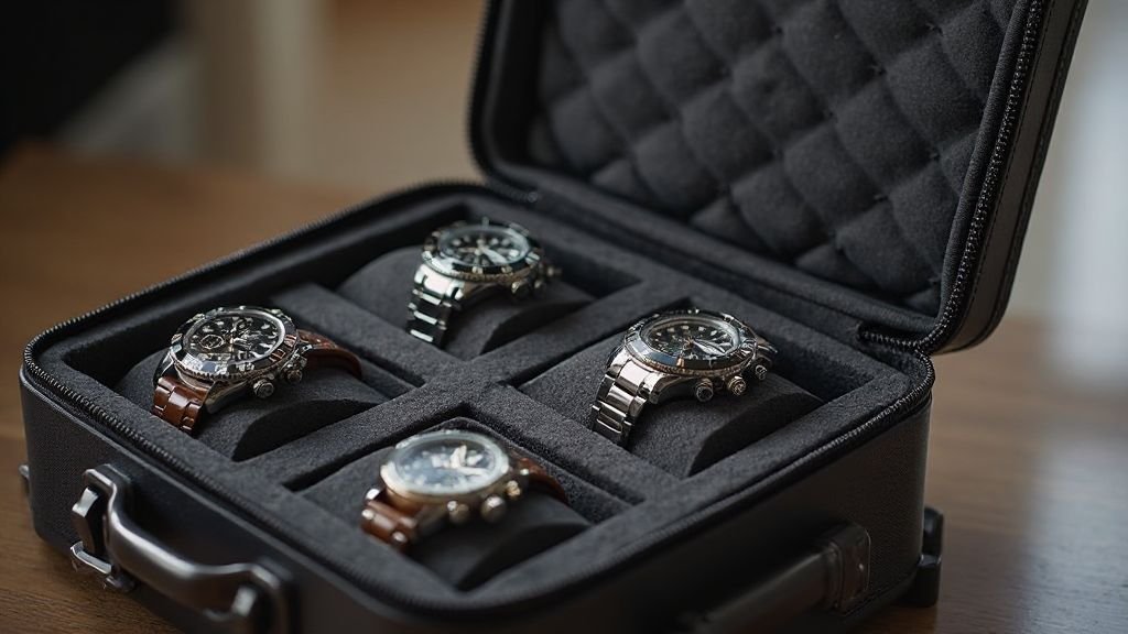  Open luxury travel watch case showing padded compartments and watches secured inside