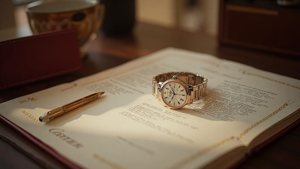 Cartier watch displayed with warranty card and insurance documents in a luxury interior setting