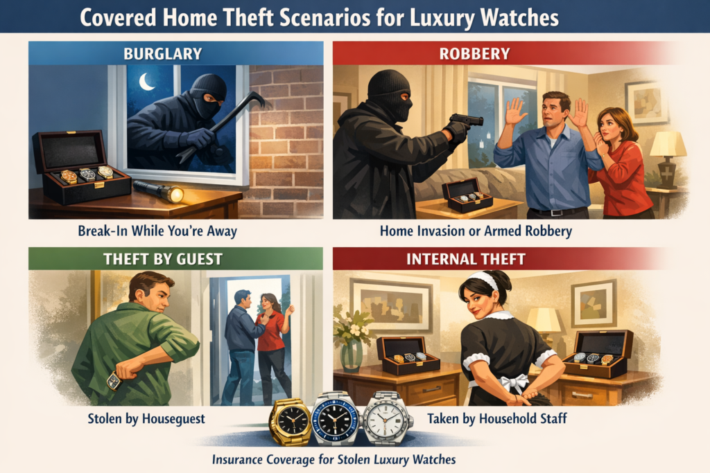 Infographic showing covered home theft scenarios for luxury watches
