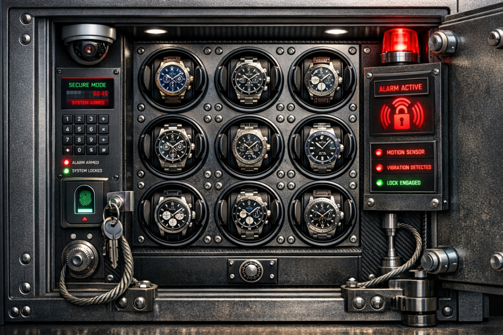 Safe and alarm system protecting luxury watches at home