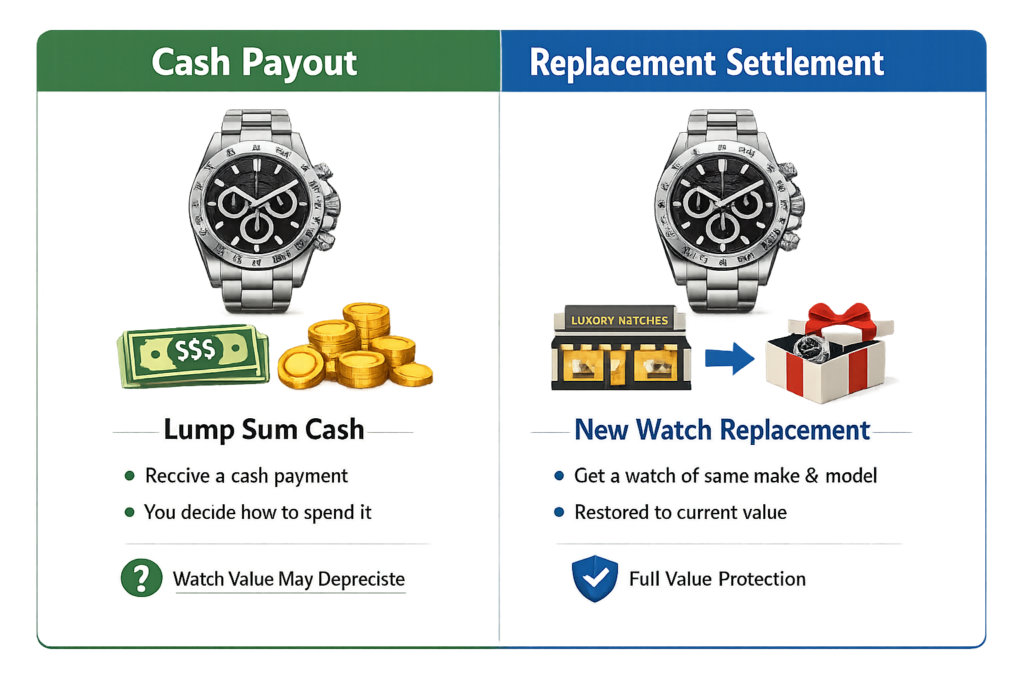 Comparison of cash payout versus replacement settlement for luxury watch insurance