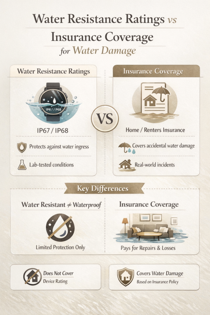  Infographic explaining water resistance ratings versus insurance coverage for water damage 