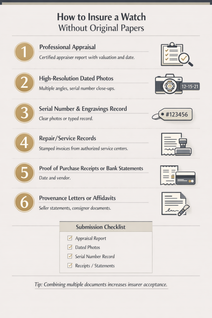 : Infographic showing alternative documentation accepted for insuring a watch without papers