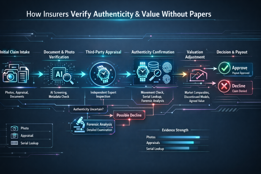  Diagram outlining how insurers assess authenticity and value without original watch papers