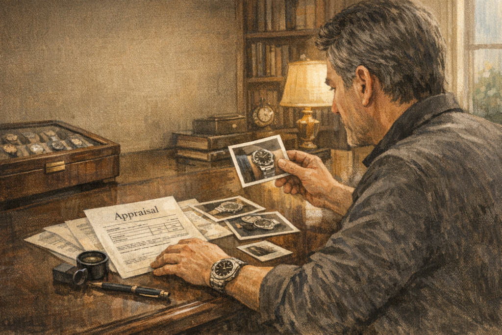  Watch collector reviewing documentation and photographs of a luxury watch at home