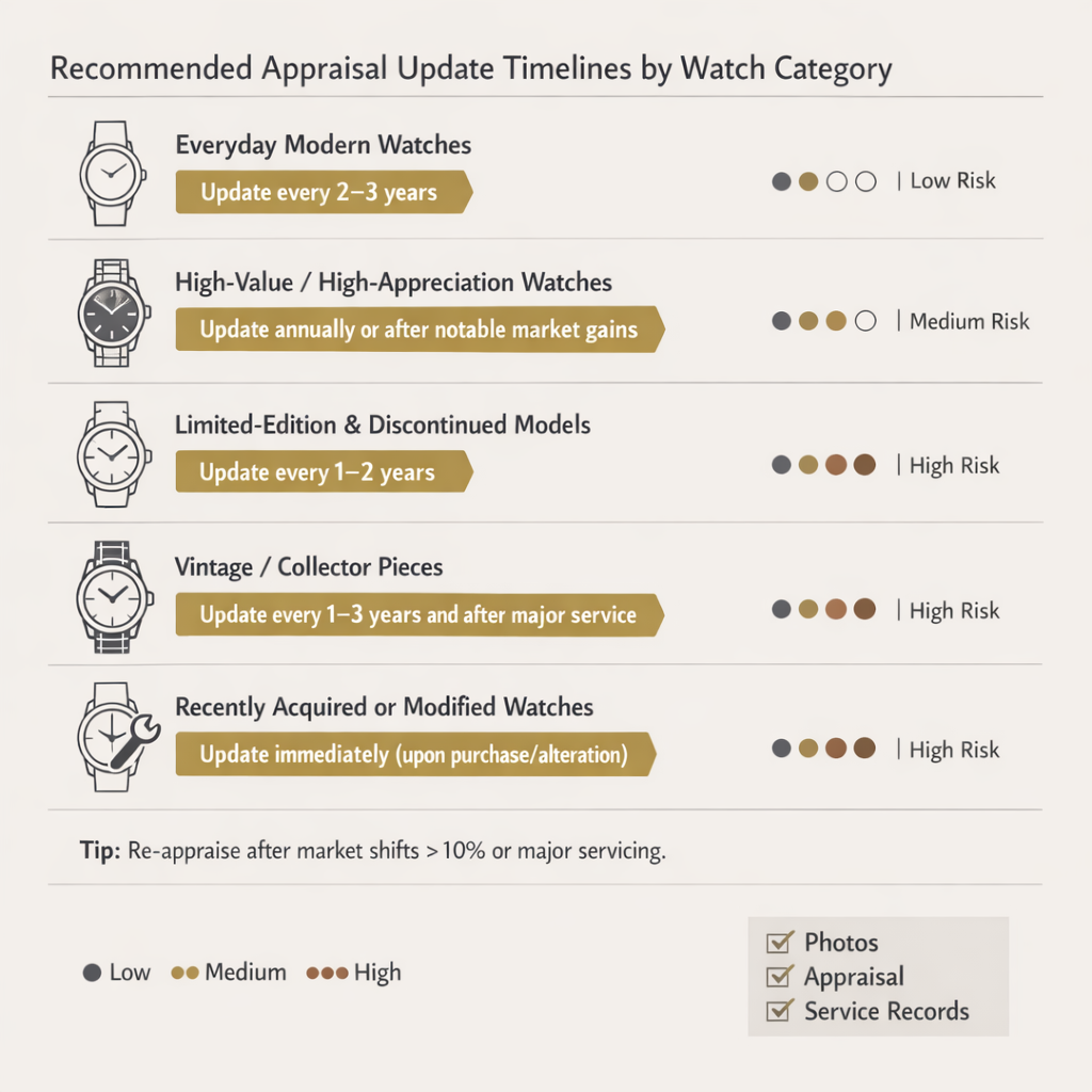 : Infographic showing recommended appraisal update timelines for different watch types