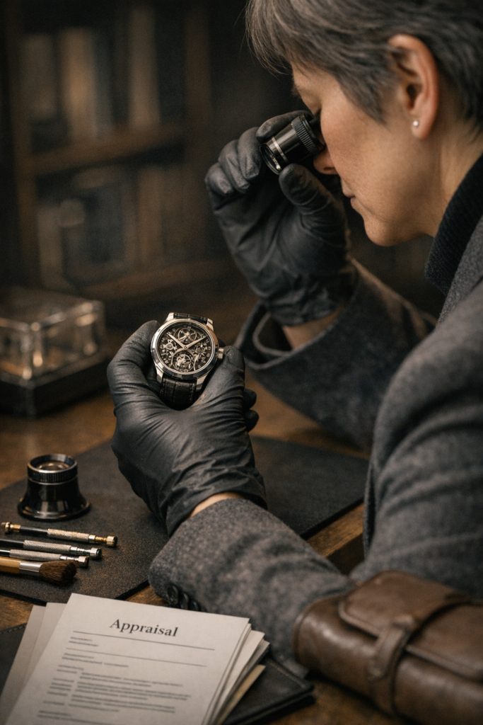 Watch appraiser examining a luxury timepiece under professional lighting