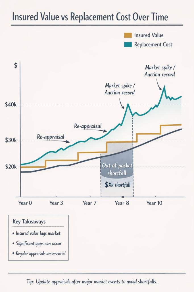 Comparison chart showing insured value versus replacement cost over time