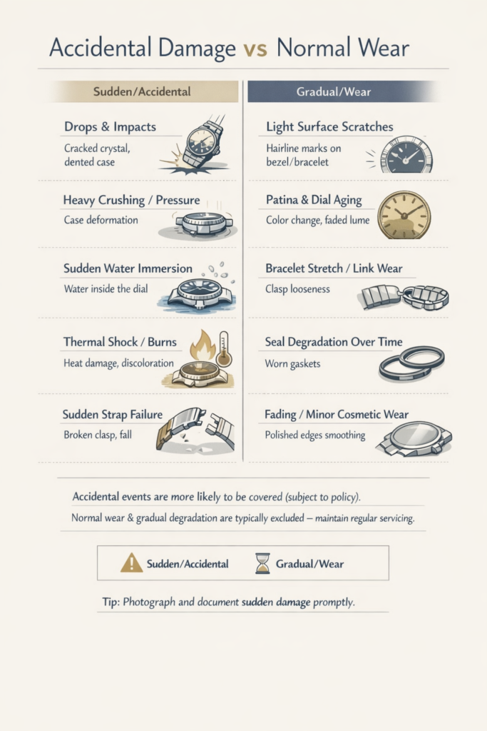 : Infographic illustrating examples of accidental damage versus normal wear on luxury watches