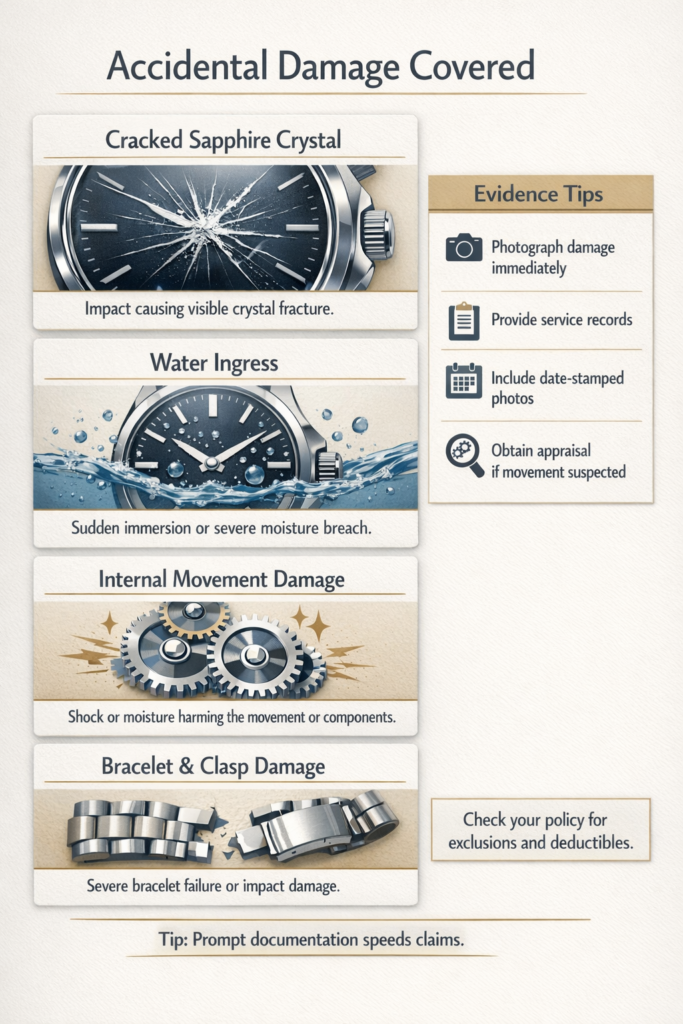 Diagram showing common types of accidental damage covered by luxury watch insurance