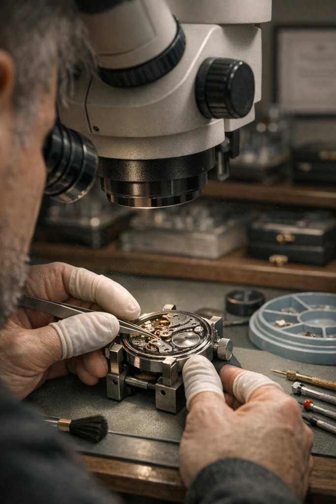 Watchmaker repairing a luxury mechanical watch under magnification