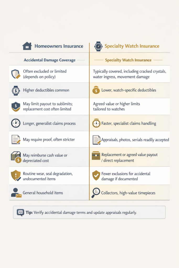 Comparison chart showing homeowners insurance versus specialty watch insurance coverage