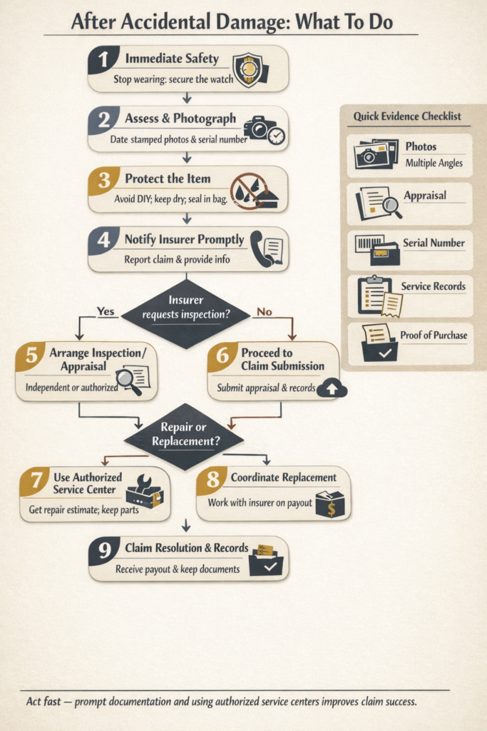 Decision flowchart showing steps after accidental damage to a luxury watch