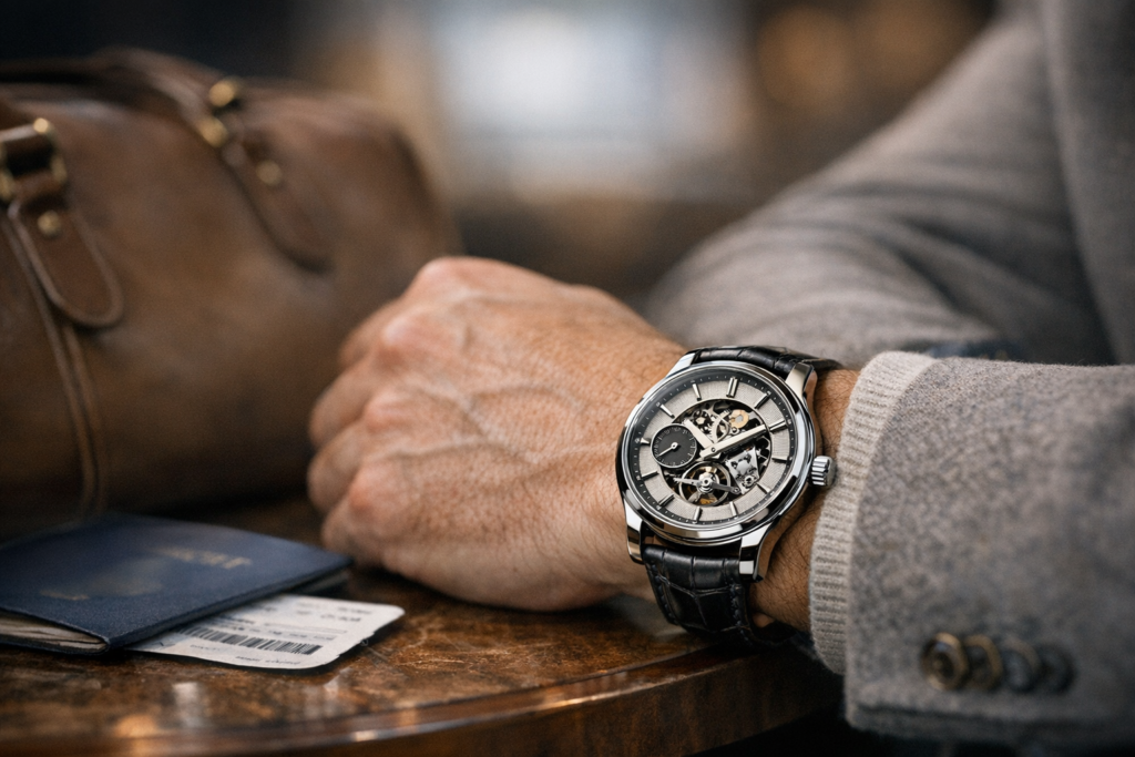  Luxury watch on a wrist in an airport lounge with travel bag and passport nearby