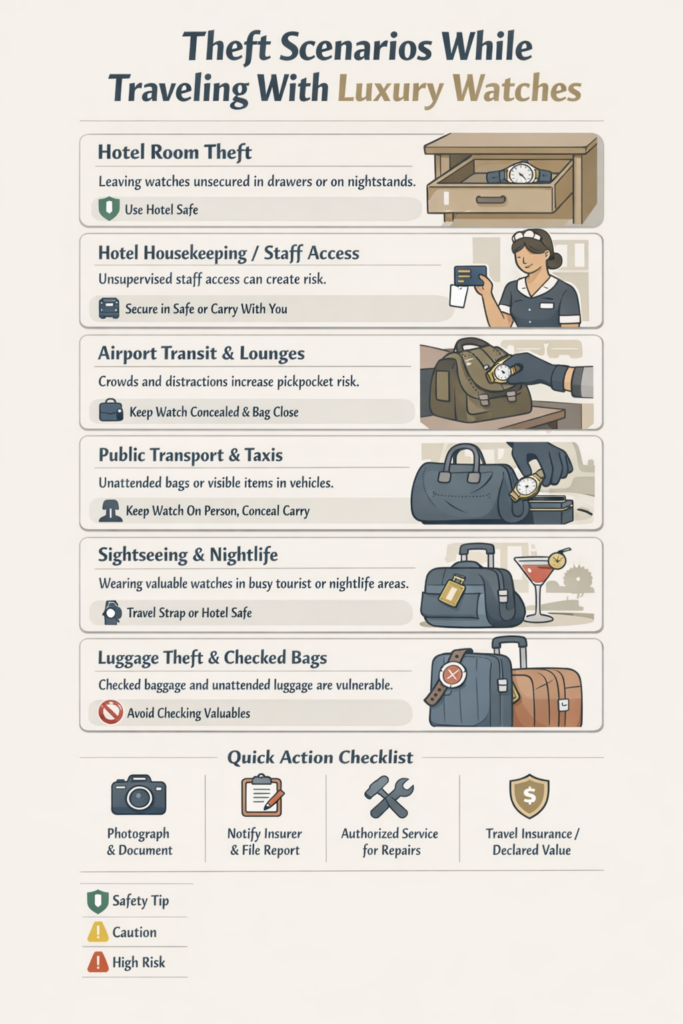  Diagram showing common theft scenarios while traveling with a luxury watch