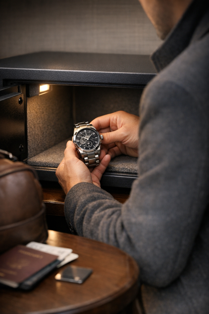  Watch owner placing a luxury watch into a hotel room safe