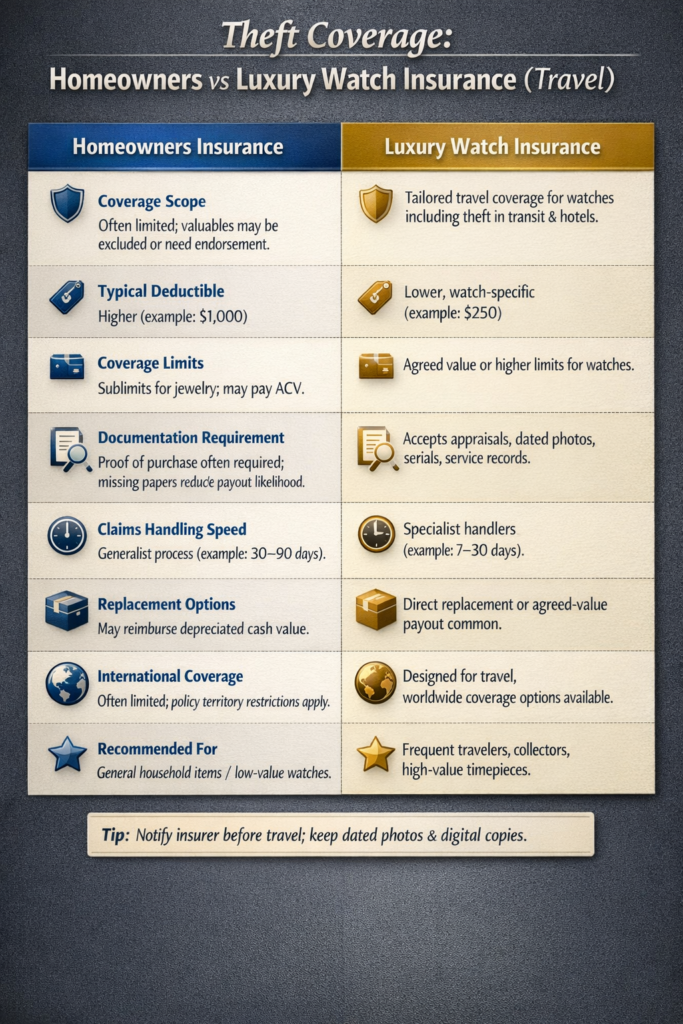  Comparison chart showing homeowners insurance versus luxury watch insurance for travel theft coverage