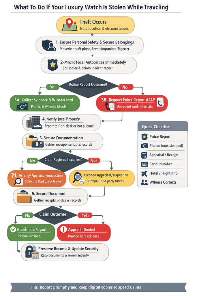  Decision flowchart showing steps to take after theft while traveling