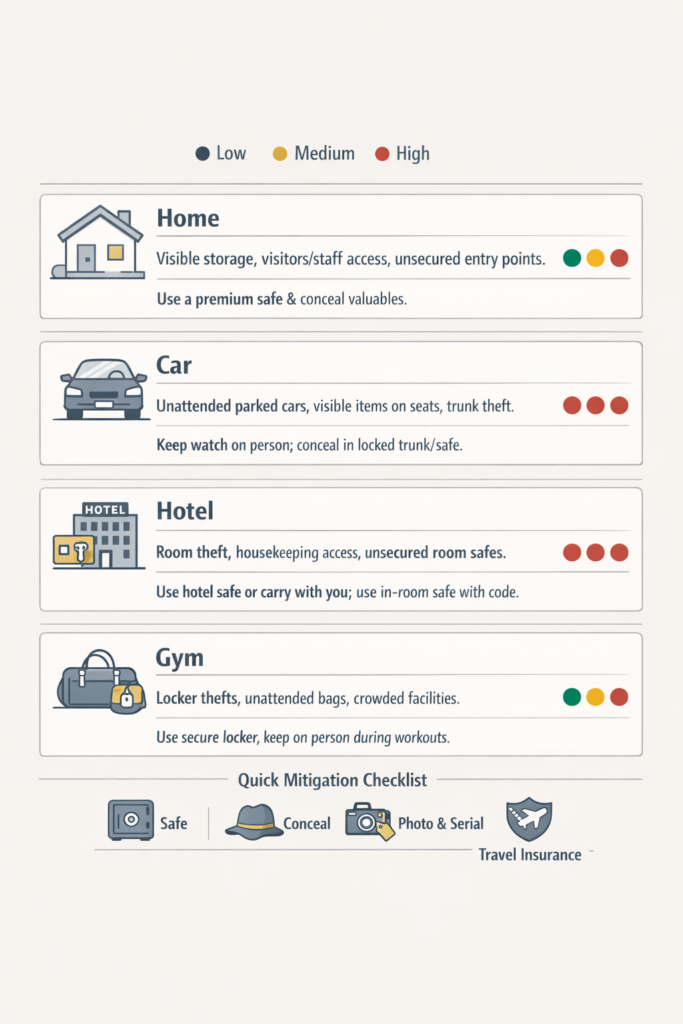  Infographic comparing theft risk levels at home, cars, hotels, and gyms