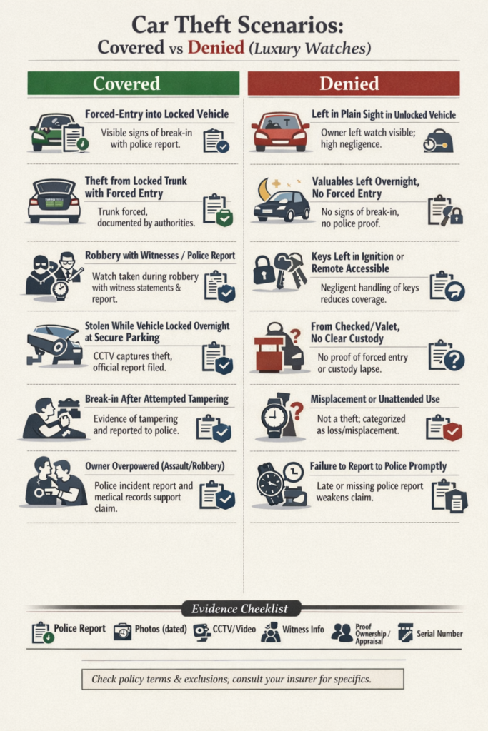  Diagram illustrating covered versus denied car theft scenarios for luxury watches