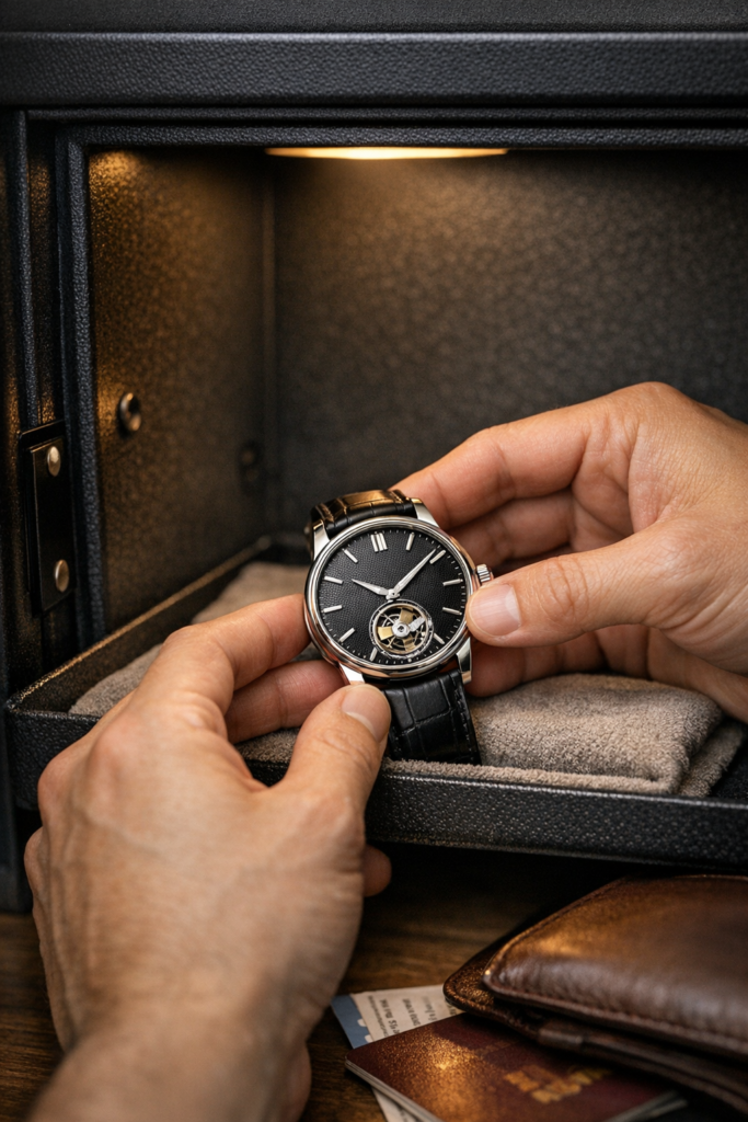  Watch owner placing a luxury watch into a hotel room safe