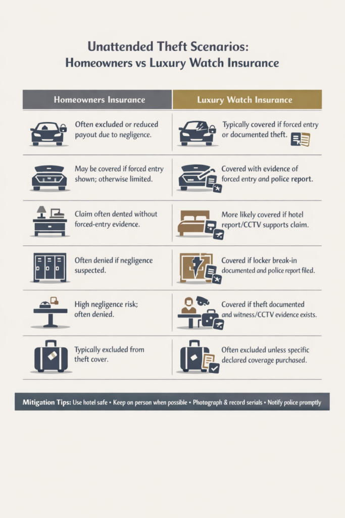  Comparison chart showing homeowners insurance versus luxury watch insurance for unattended theft