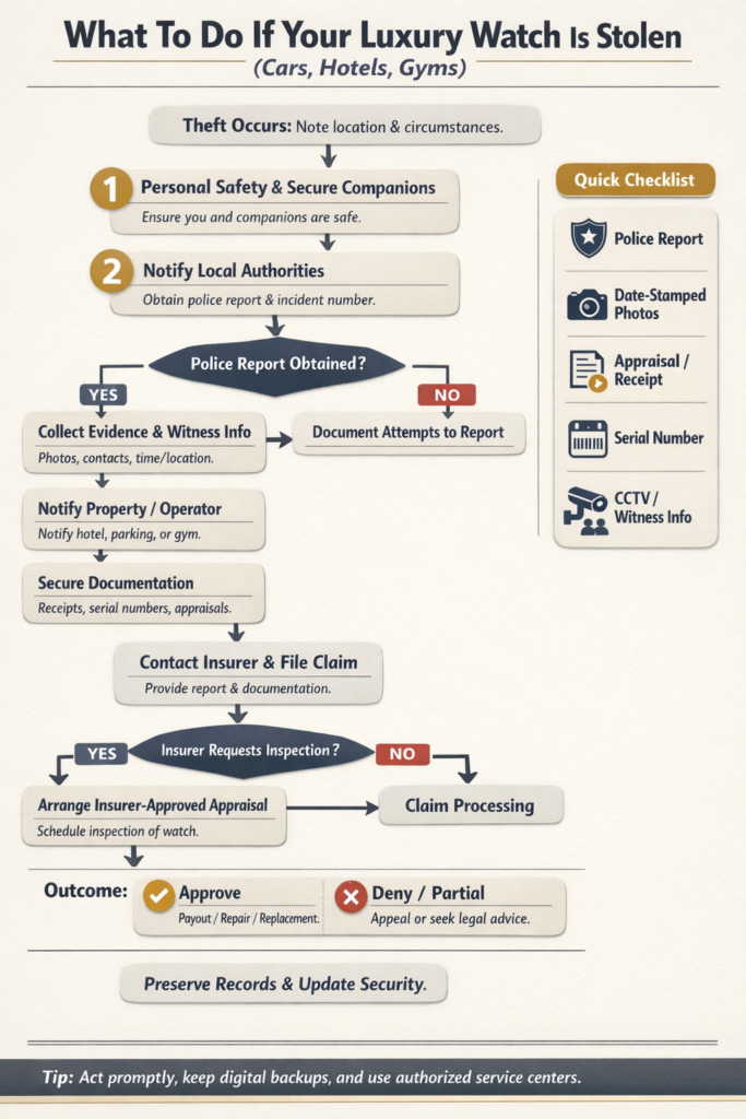 Decision flowchart showing steps to take after unattended theft of a luxury watch