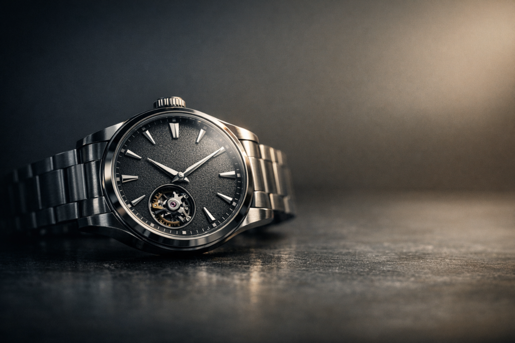  Luxury watch resting alone on a table with no sign of theft or damage