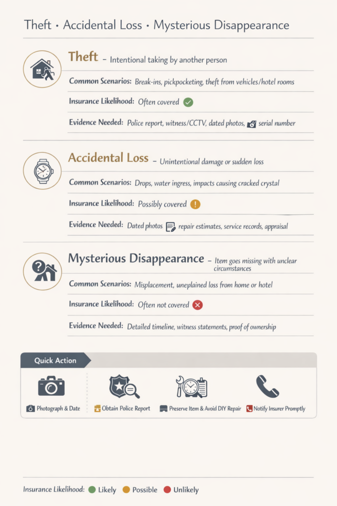  Infographic comparing theft, accidental loss, and mysterious disappearance scenarios